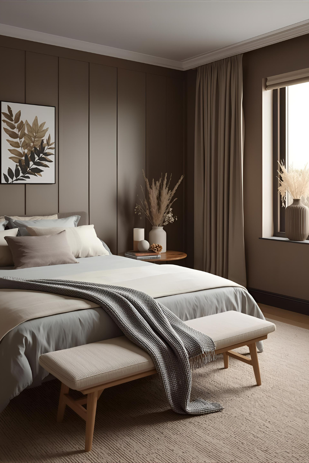 Blackout curtains in a fall-inspired bedroom for cozy nights